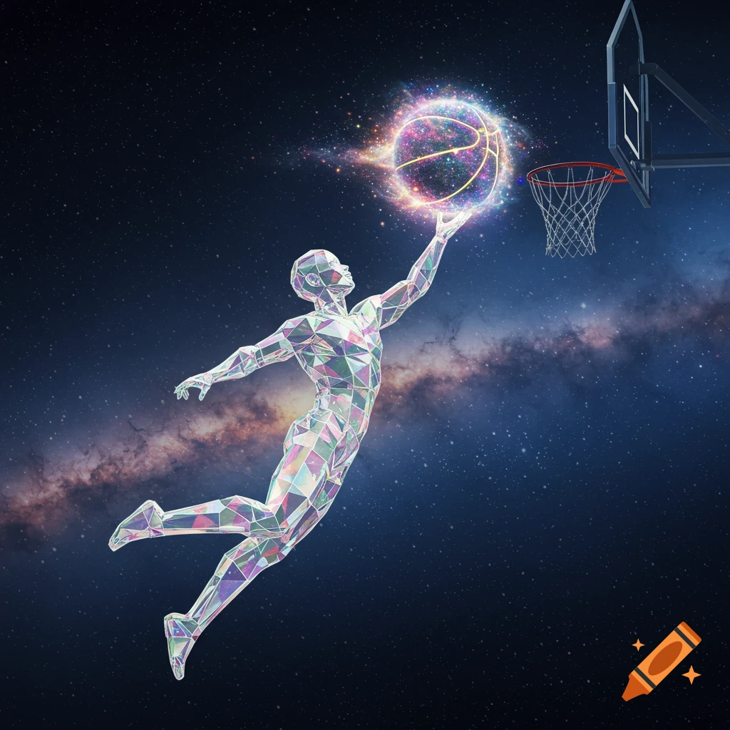 A crystalline figure dunks a glowing galaxy basketball into a hoop against a starry cosmic background with the Milky Way.