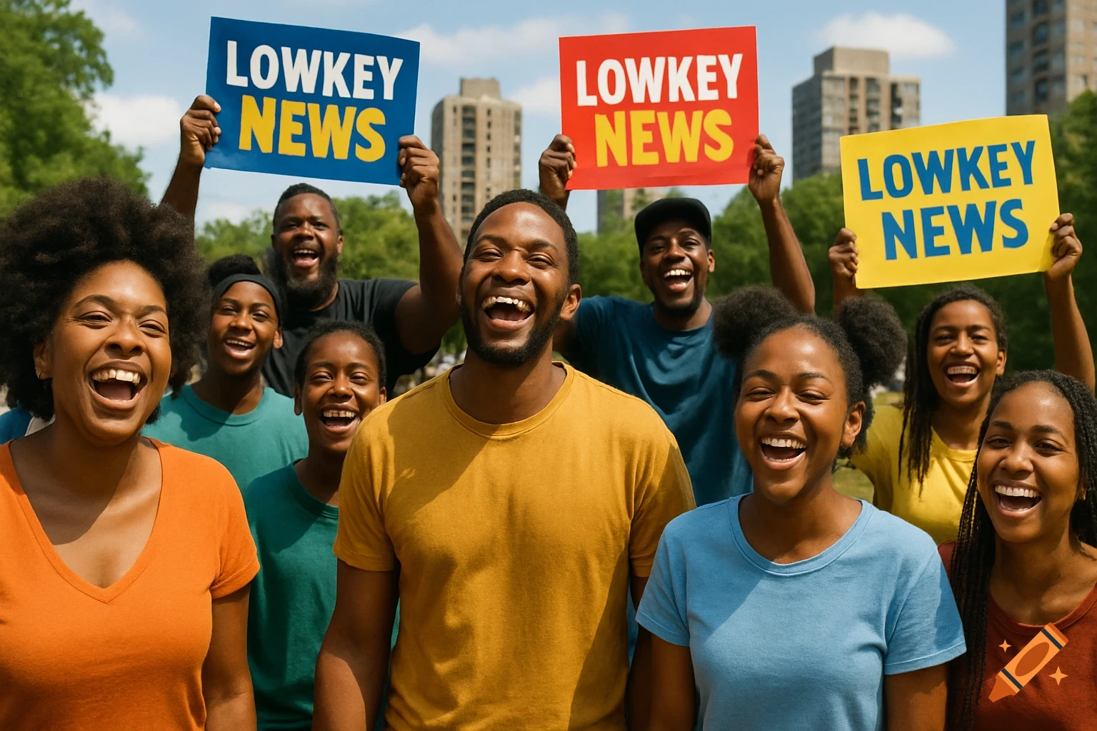 A diverse group of smiling people hold up signs that say 'LOWKEY NEWS' at an outdoor gathering.