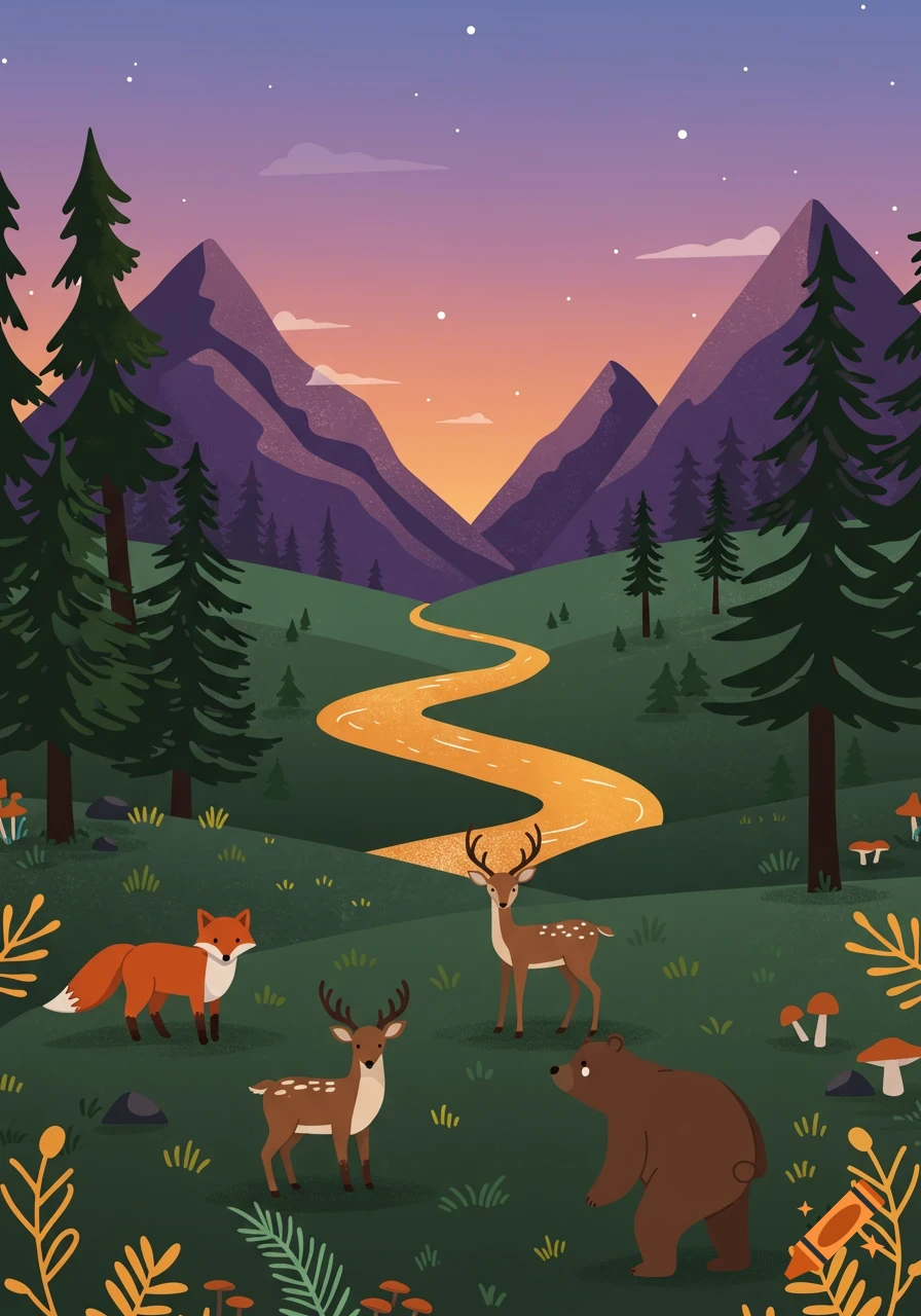 A cartoon twilight landscape with purple mountains, a golden river, and a fox, two deer, and a bear among pine trees.