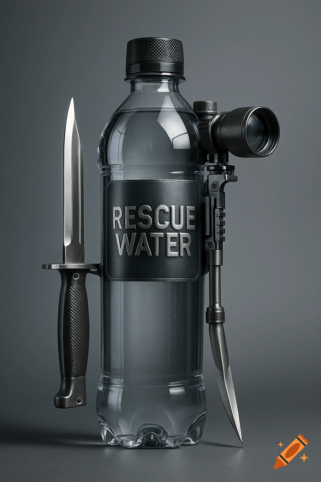 A photorealistic studio shot of a water bottle labeled 'RESCUE WATER' with a bayonet and a rifle scope mounted to it.