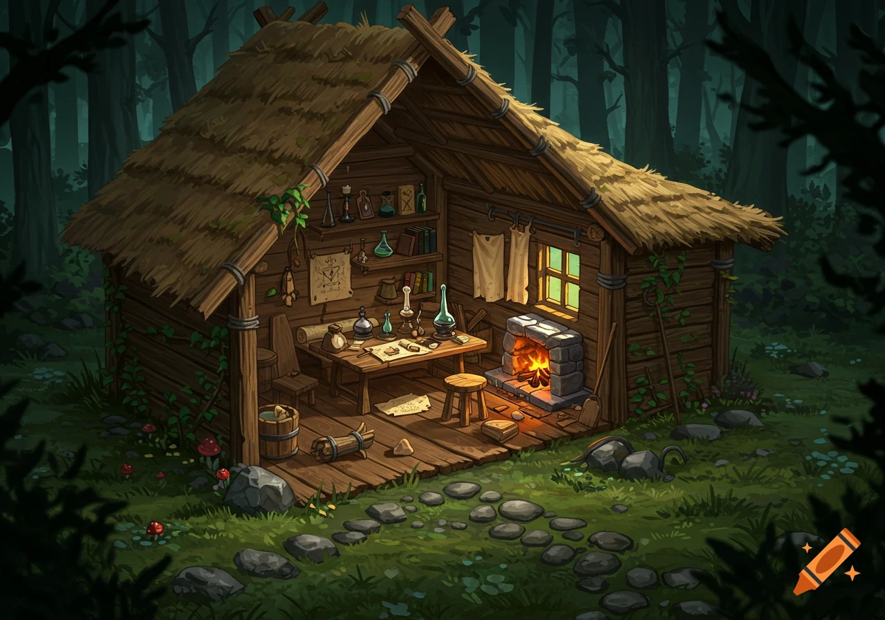 A cross-section illustration of a rustic hermit's hut in a dark forest, showing an interior with a table, alchemy tools, shelves, and a lit fireplace.