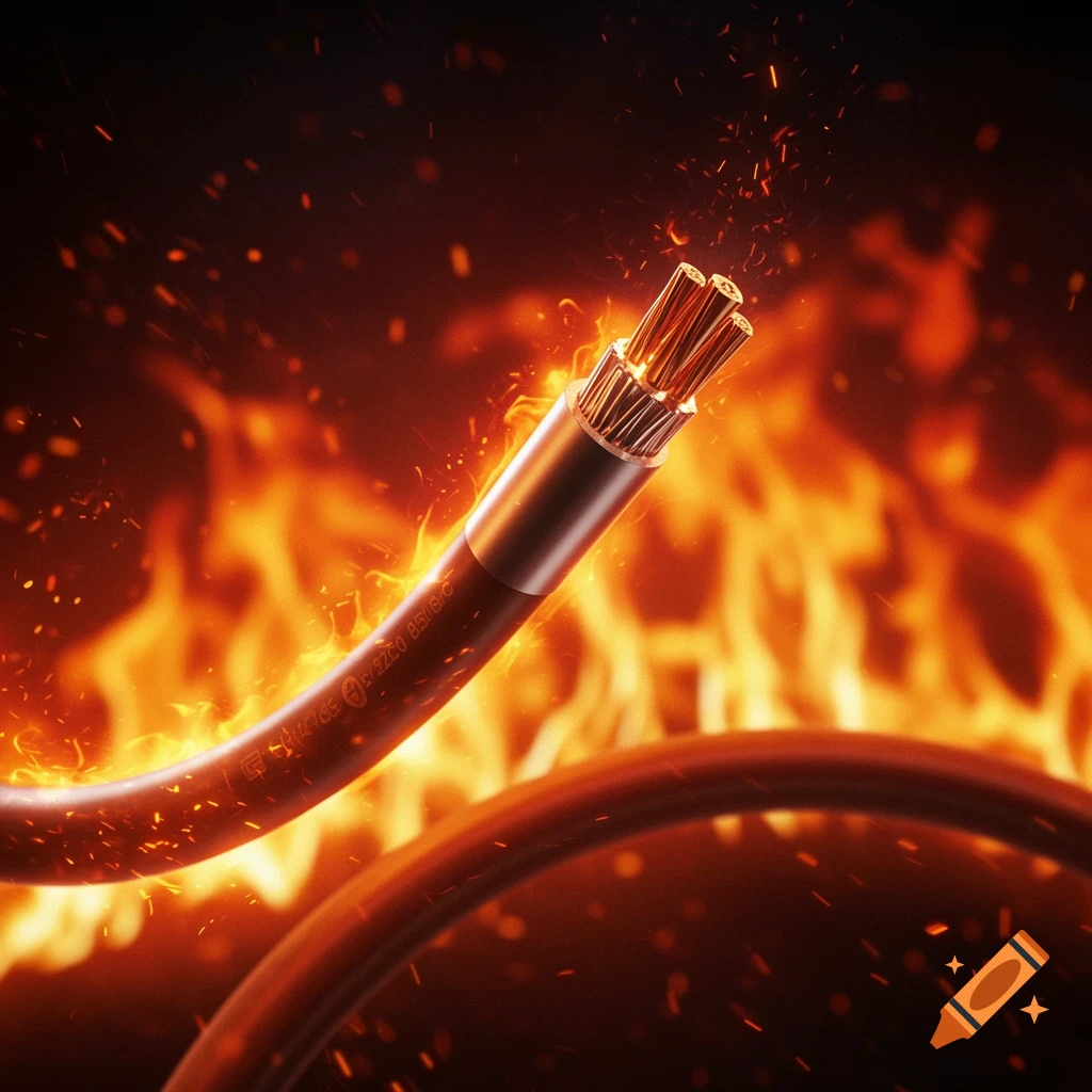 Close-up of a high-quality electrical cable with exposed copper wires, set against a fiery background with sparks.