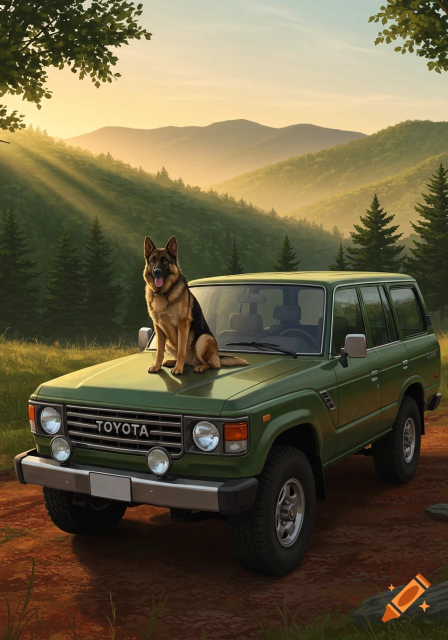 A German Shepherd sits on the hood of a green Toyota Land Cruiser on a dirt road, with sun-dappled mountains in the background. Illustrated style.