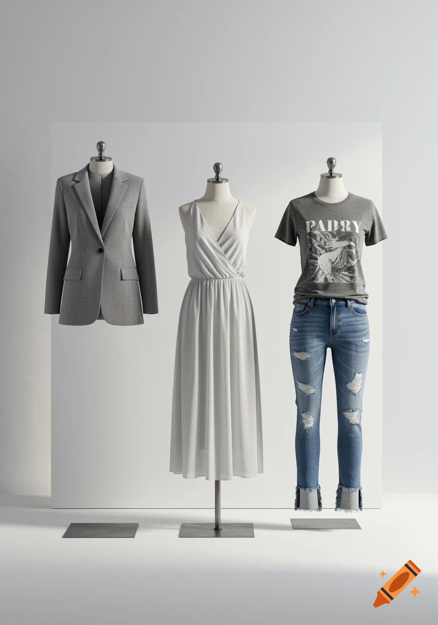 Three mannequins showcase a grey blazer, a white dress, and a grey t-shirt with jeans on a white background.