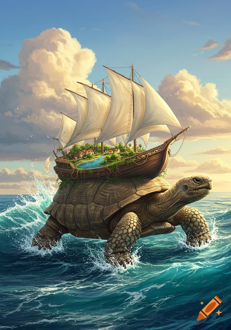 A giant tortoise with a sailboat and a miniature island on its shell, moves through ocean waves under a cloudy sky.