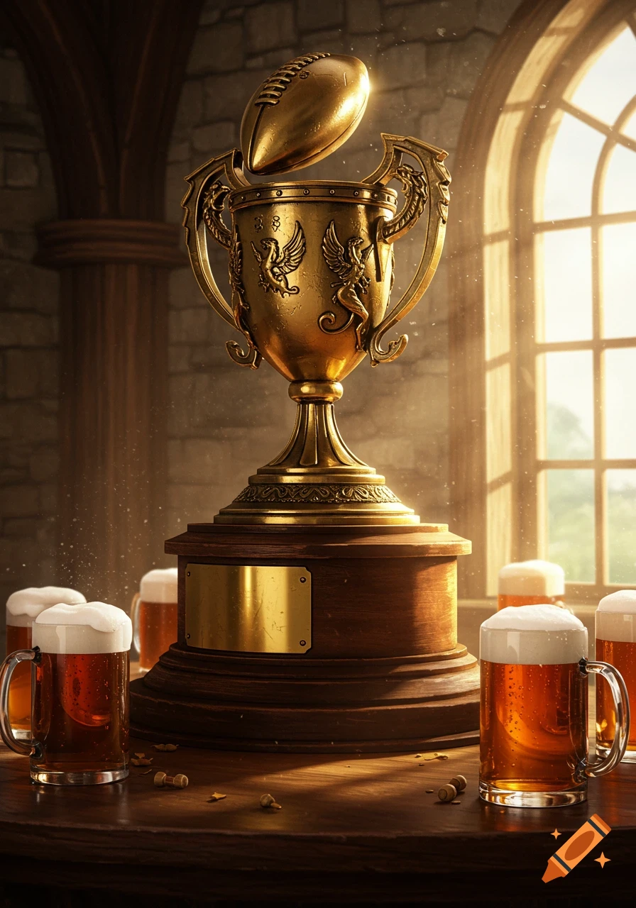 A gleaming golden football trophy sits on a wooden table, surrounded by beer mugs, illuminated by sunlight from an arched window.