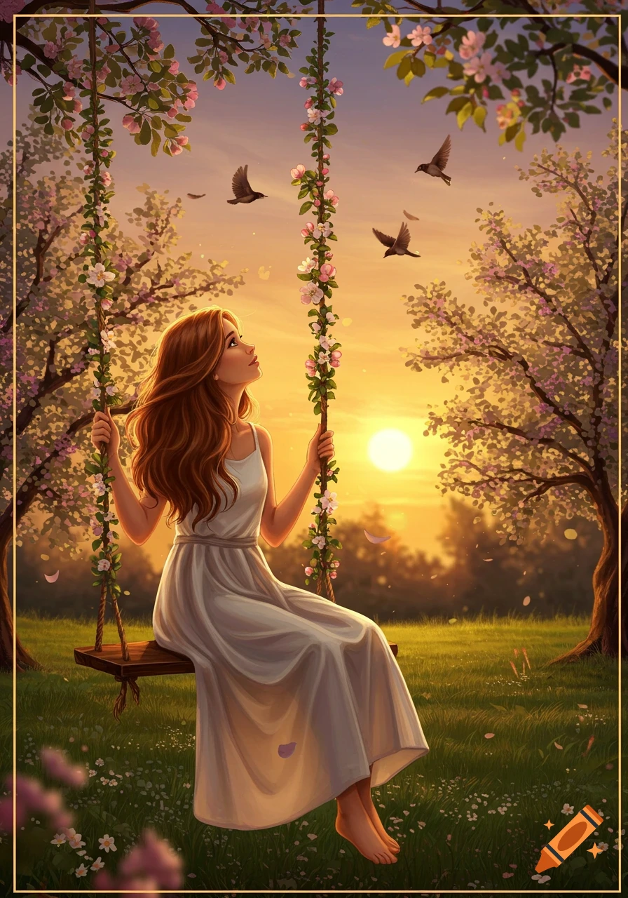 A young woman on a flower-covered swing looks up at birds flying at sunset, in an illustrative style.