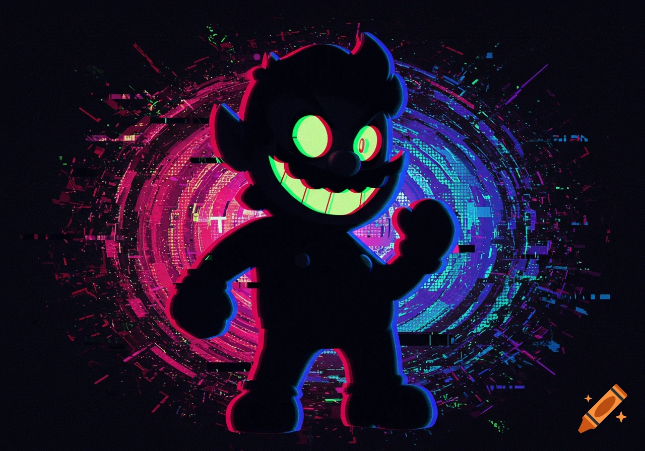 A black silhouette of a character resembling Luigi with glowing green eyes and a menacing grin against a vibrant, glitchy pink and blue background.