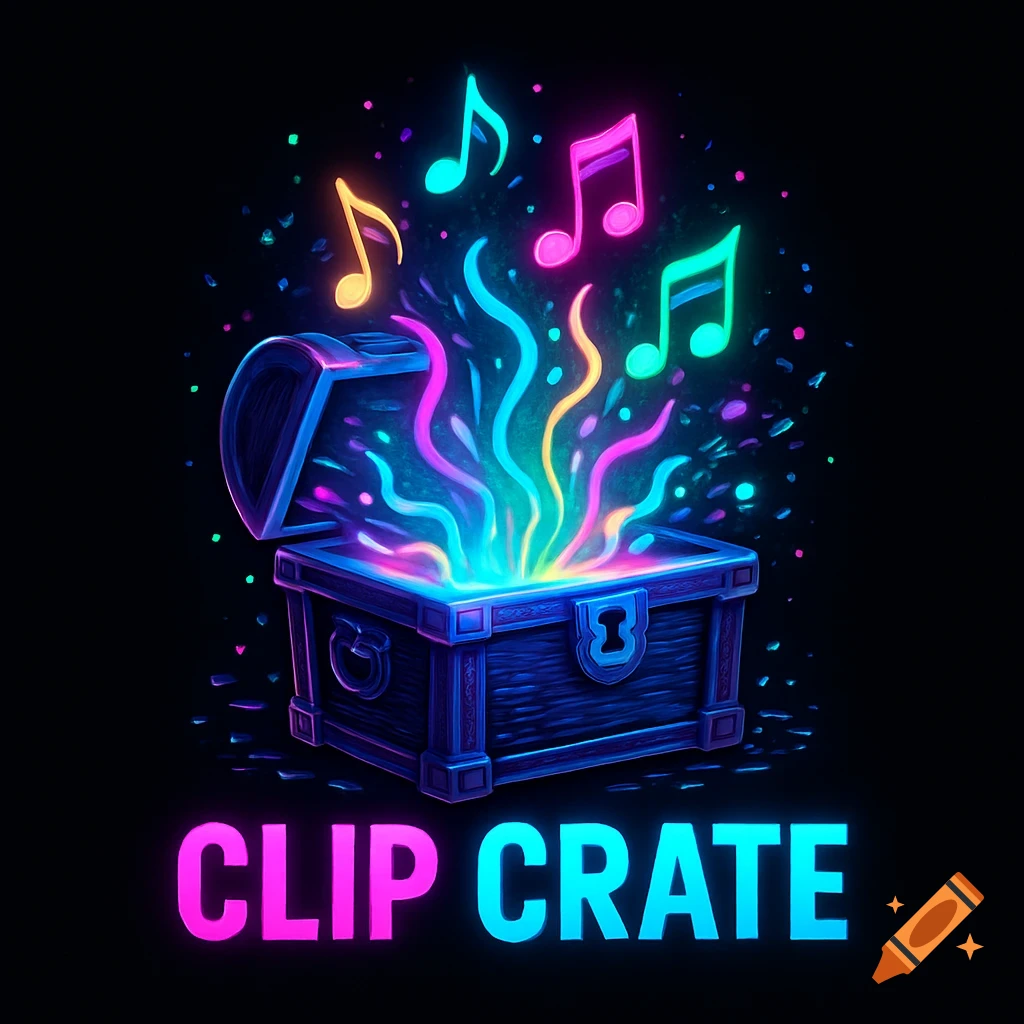 A glowing treasure chest opens, emitting colorful light and neon music notes, with 'CLIP CRATE' in vibrant pink and blue text below.