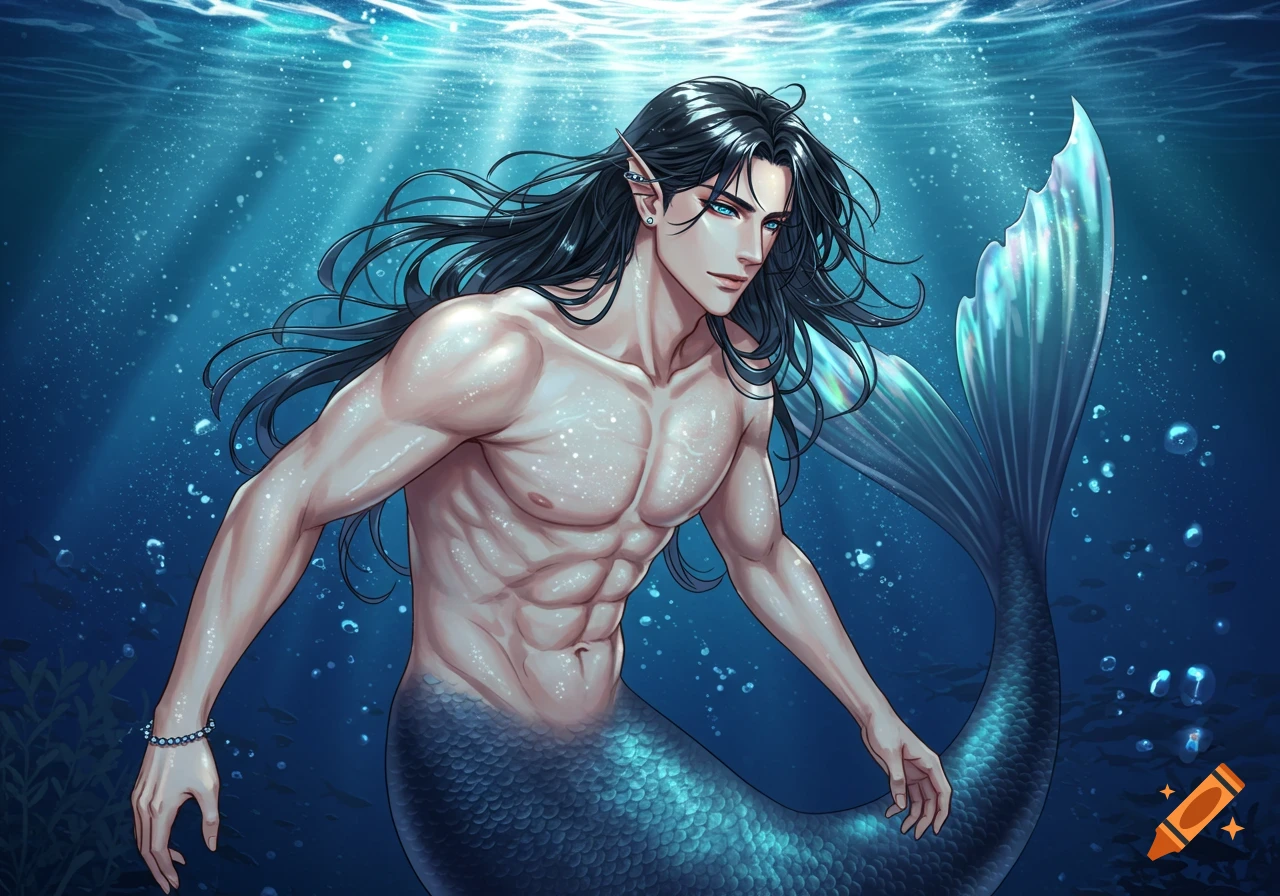 A muscular male merman with long black hair, blue eyes, and a blue iridescent tail swims underwater in an anime-manhwa art style.