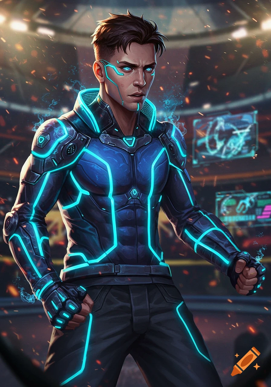Muscular male cyberpunk arena player in a glowing neon blue futuristic suit in a dynamic zero-G arena.