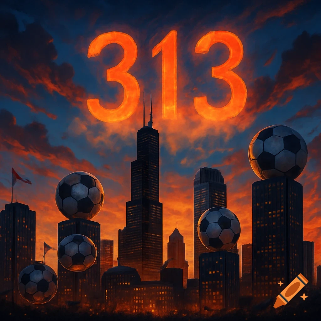 A vibrant sunset city skyline featuring large glowing orange numbers '313' in the sky and several giant soccer balls on top of buildings.