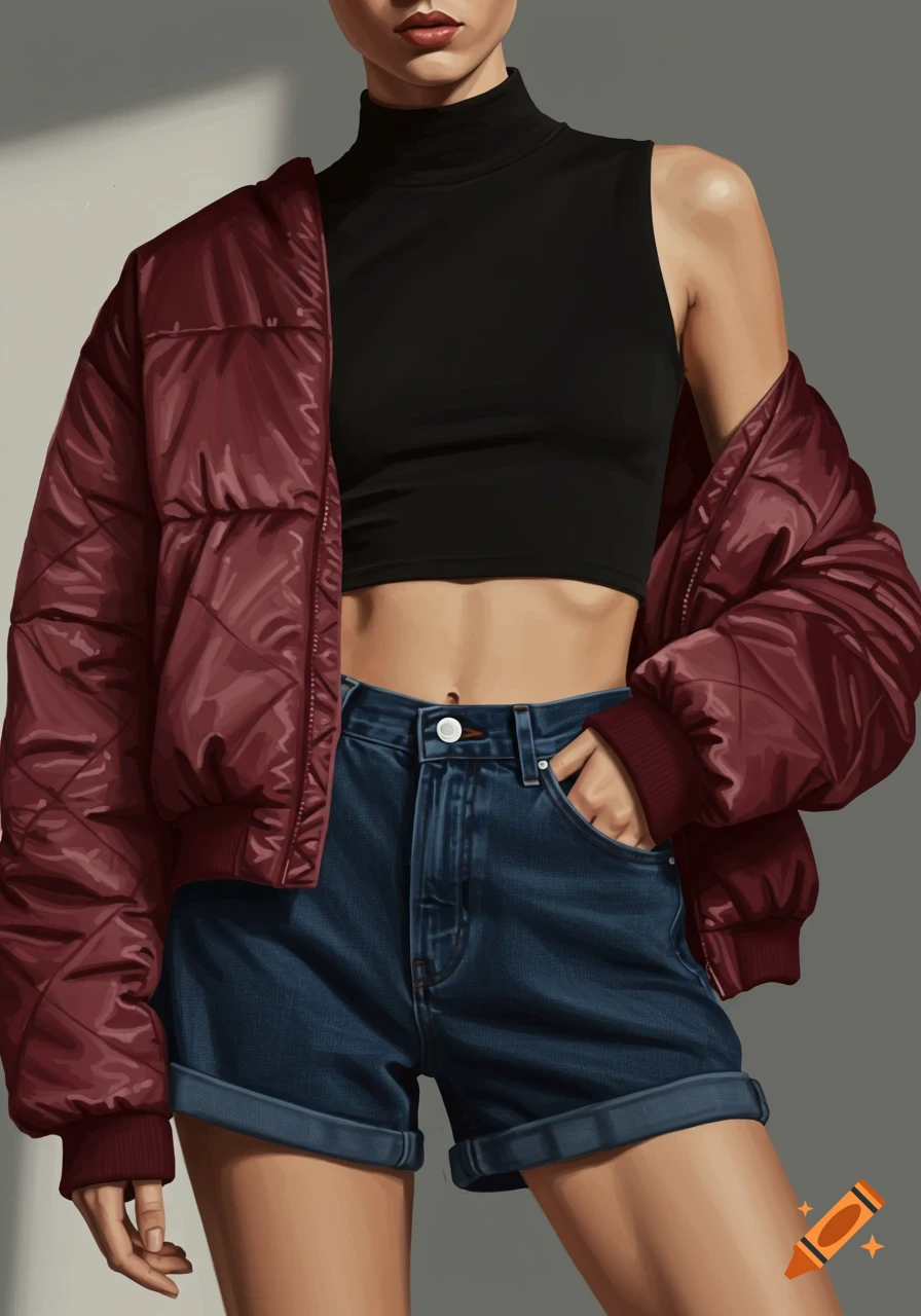 Digital painting of a person wearing a black mock-neck crop top, dark denim shorts, and a reddish maroon bomber jacket draped over their shoulders.
