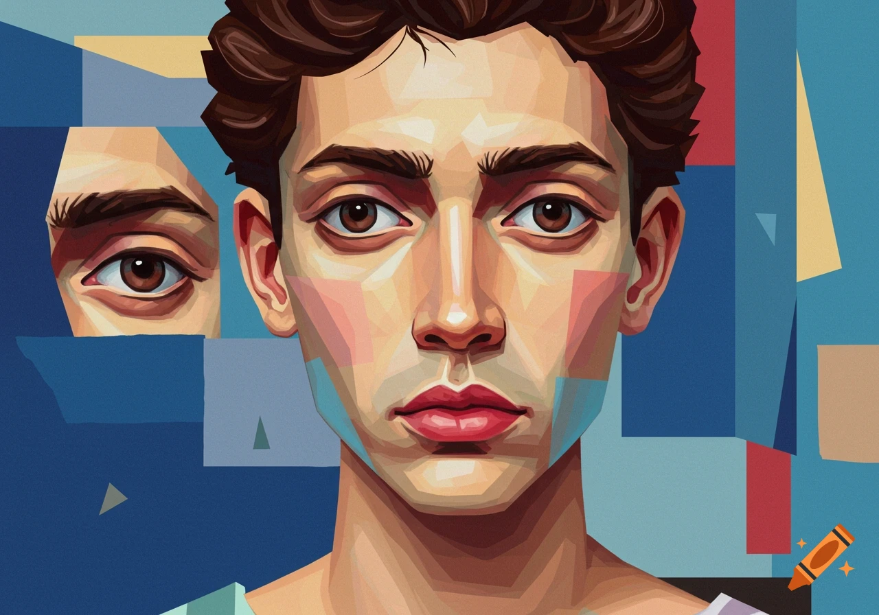 A cubist-style portrait of a person's face with fragmented features and geometric shapes in blue, red, and beige tones.