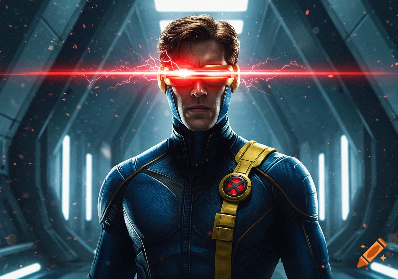 Photorealistic depiction of Cyclops from X-Men in a blue and yellow suit, emitting red optic blasts from his visor in a futuristic hallway.