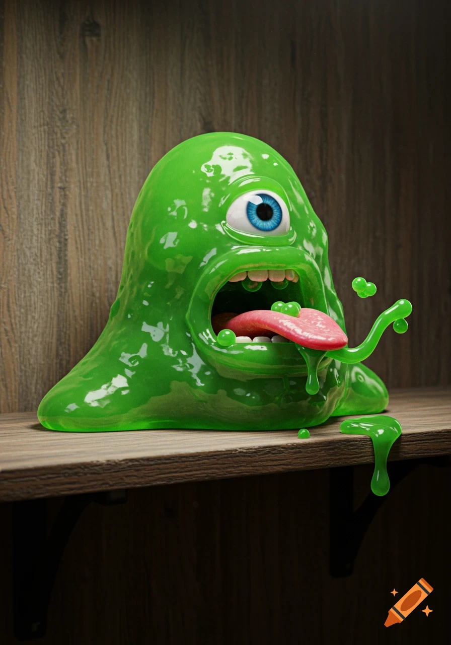 A photorealistic bright green blob monster with a single blue eye, open mouth, pink tongue, and green goo dripping, sitting on a wooden shelf.