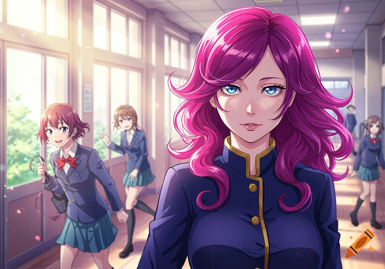 Anime character with pink hair and blue eyes in a school uniform, standing in a sunny hallway with other students.