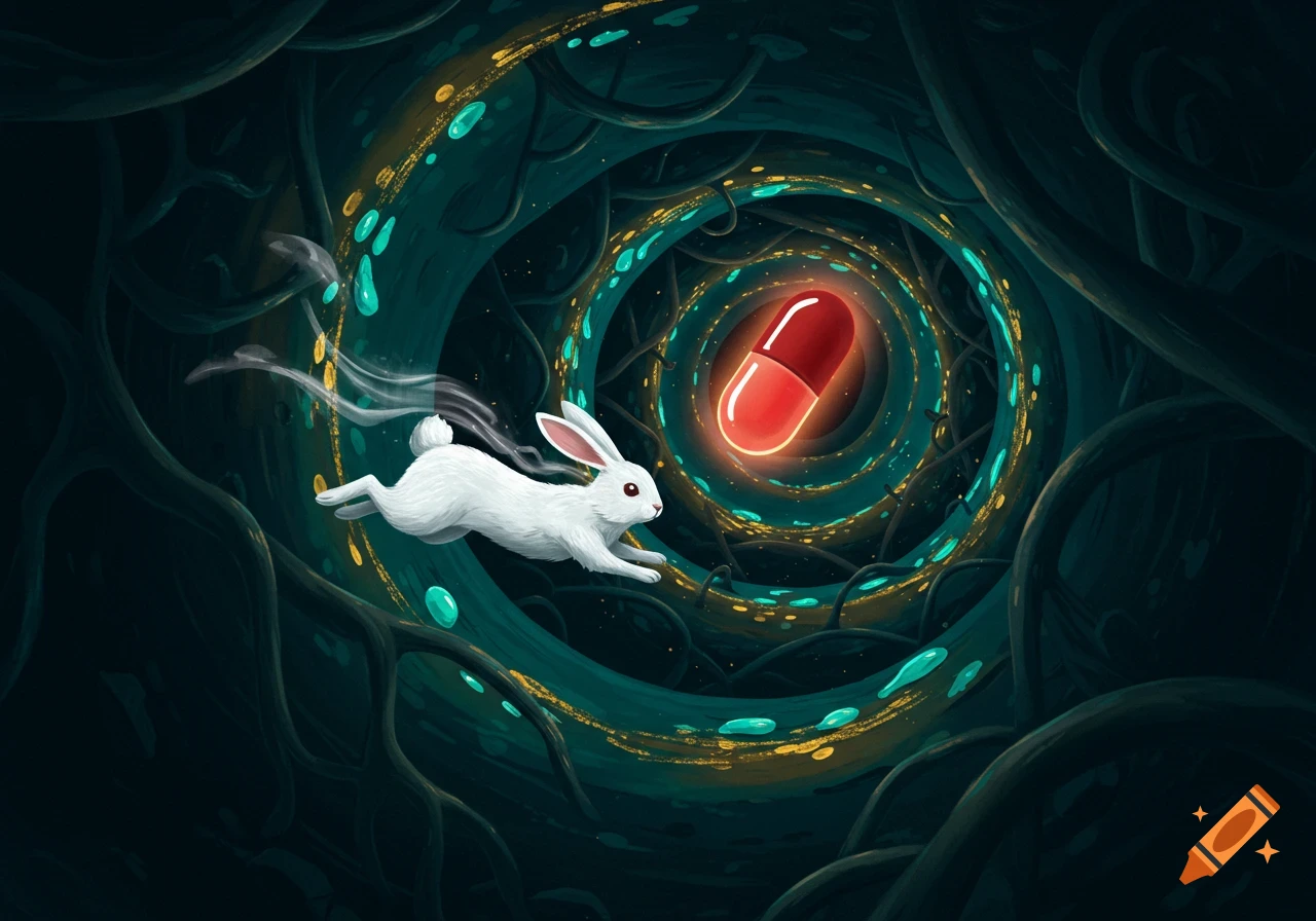 A white rabbit leaps through a dark, swirling tunnel with teal and gold accents, chasing a glowing red pill.