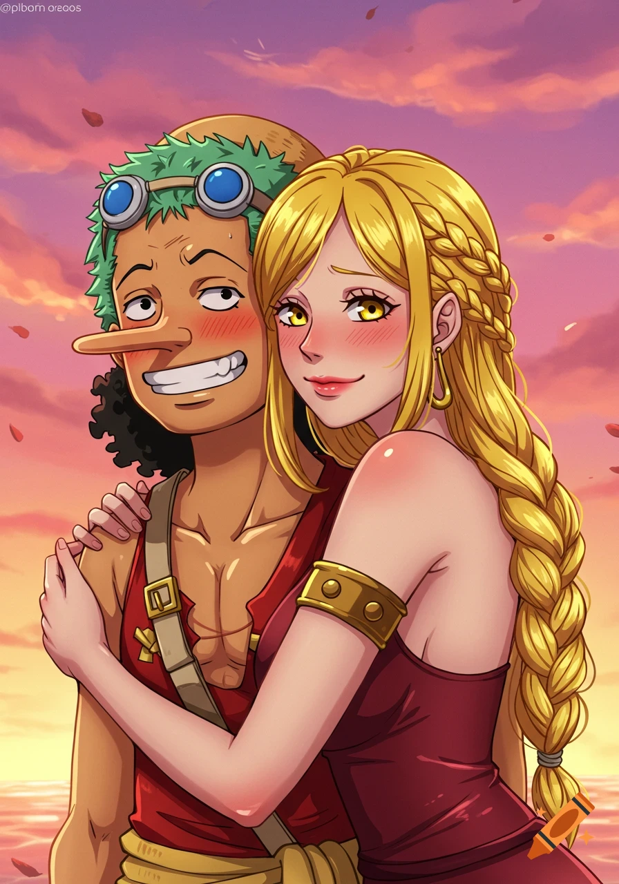 Anime illustration of Usopp from One Piece cuddling a long blonde-haired woman with yellow eyes against a pink sunset sky, both blushing.