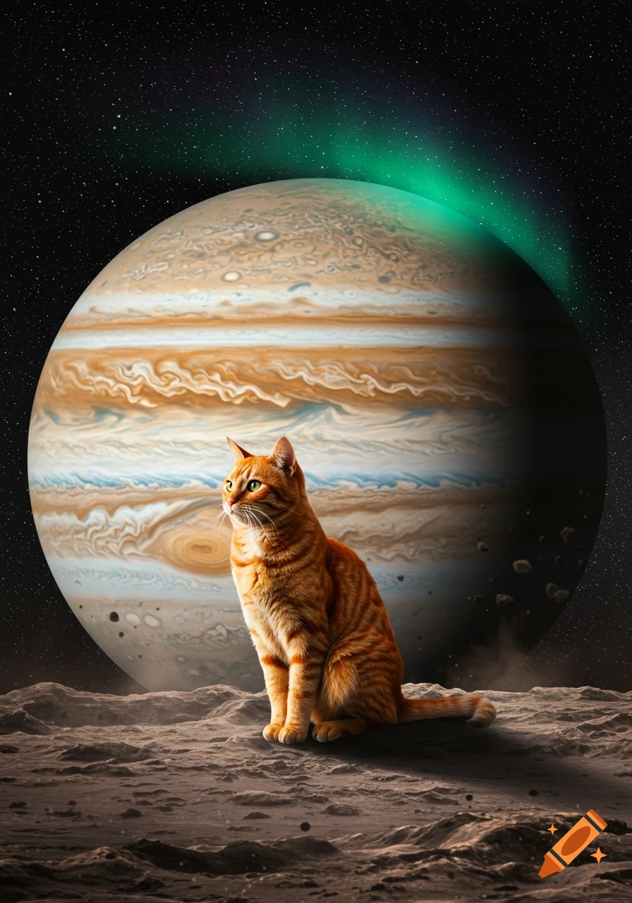 An orange tabby cat sits on a rocky, moon-like surface, looking left, with the large, striped planet Jupiter and a green aurora in the starry background.
