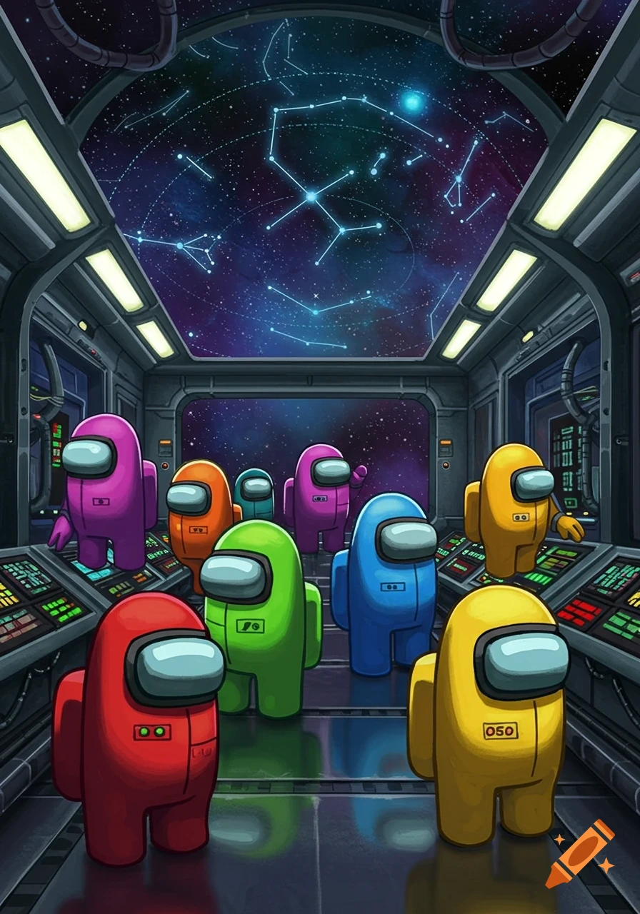 Many colorful Among Us characters stand in a spaceship's cockpit, looking at a starry sky with constellations.