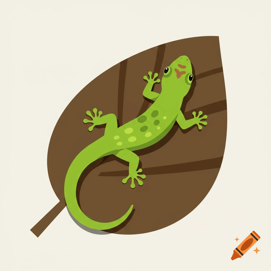 Cartoon illustration of a bright green lizard with red spots on its head, lying on a brown leaf.