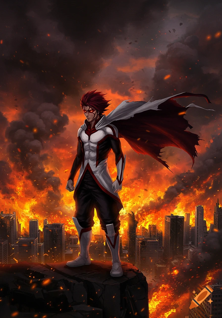 An anime-style superhero with red eyes and dark red hair stands on a building, looking down at a burning city with a tattered cape.
