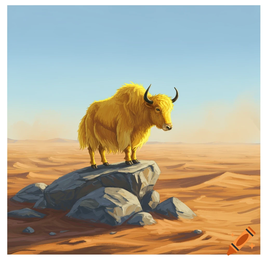 A brightly illustrated yellow yak stands atop a large rock in a vast, sandy desert under a clear blue sky.