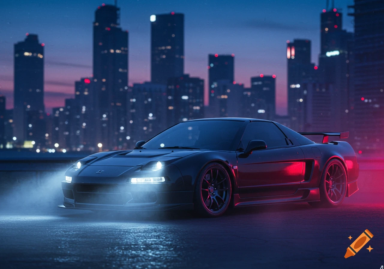 A black Honda NSX sports car with bright headlights parked on a wet street at night, with a neon-lit city skyline in the background.
