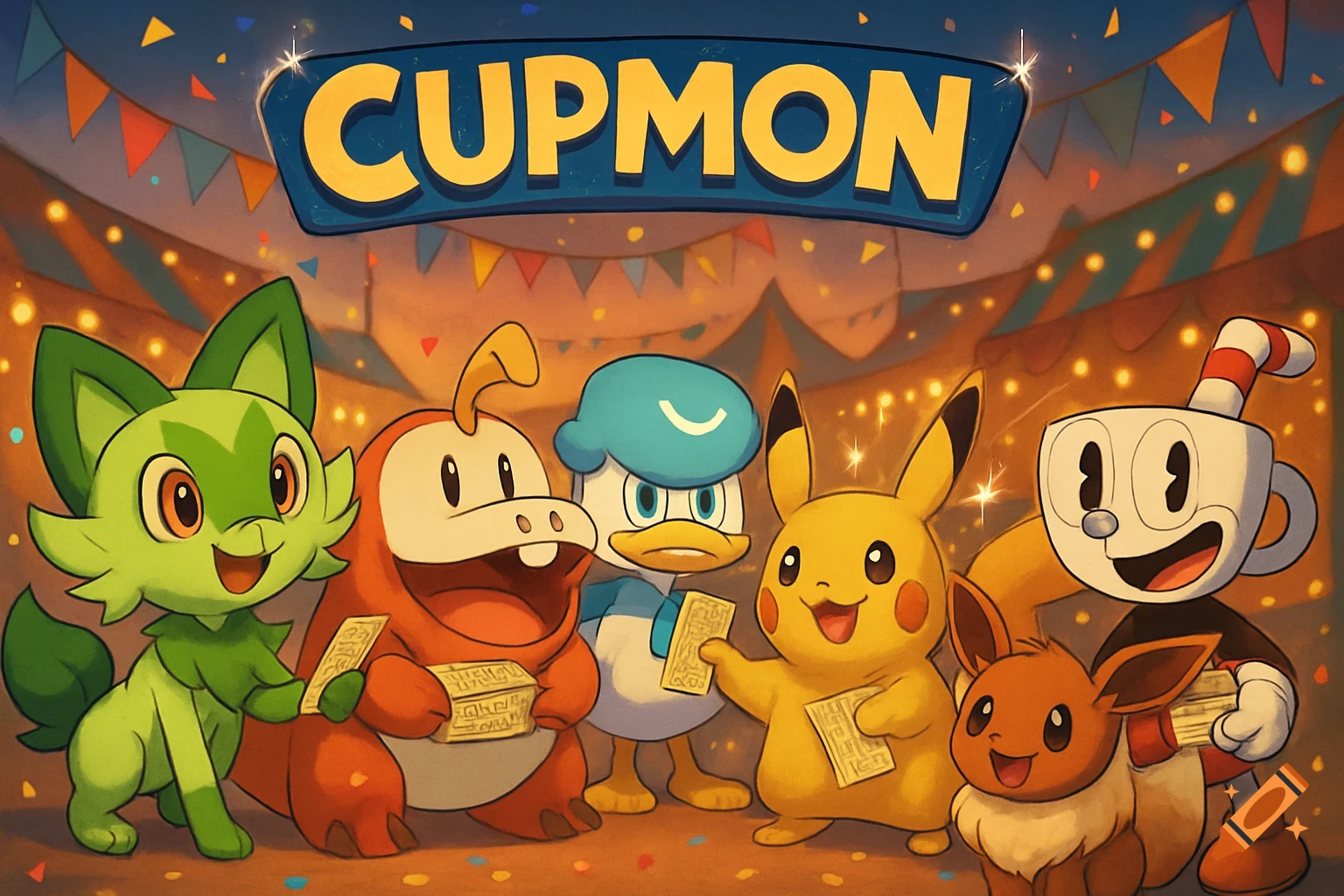 Cartoon characters including Sprigatito, Fuecoco, Pikachu, Eevee, Cuphead, and a duck-like character, stand together under a banner reading 'CUPMON' at a festive event.
