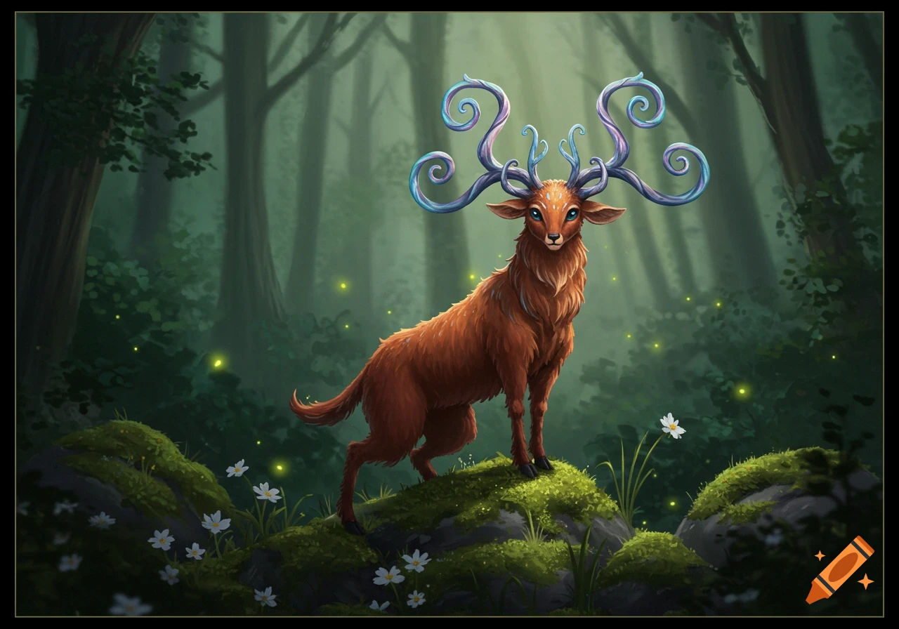 A fantastical brown deer-like creature with glowing blue antlers stands on a mossy rock in a magical forest with glowing fireflies and white flowers.