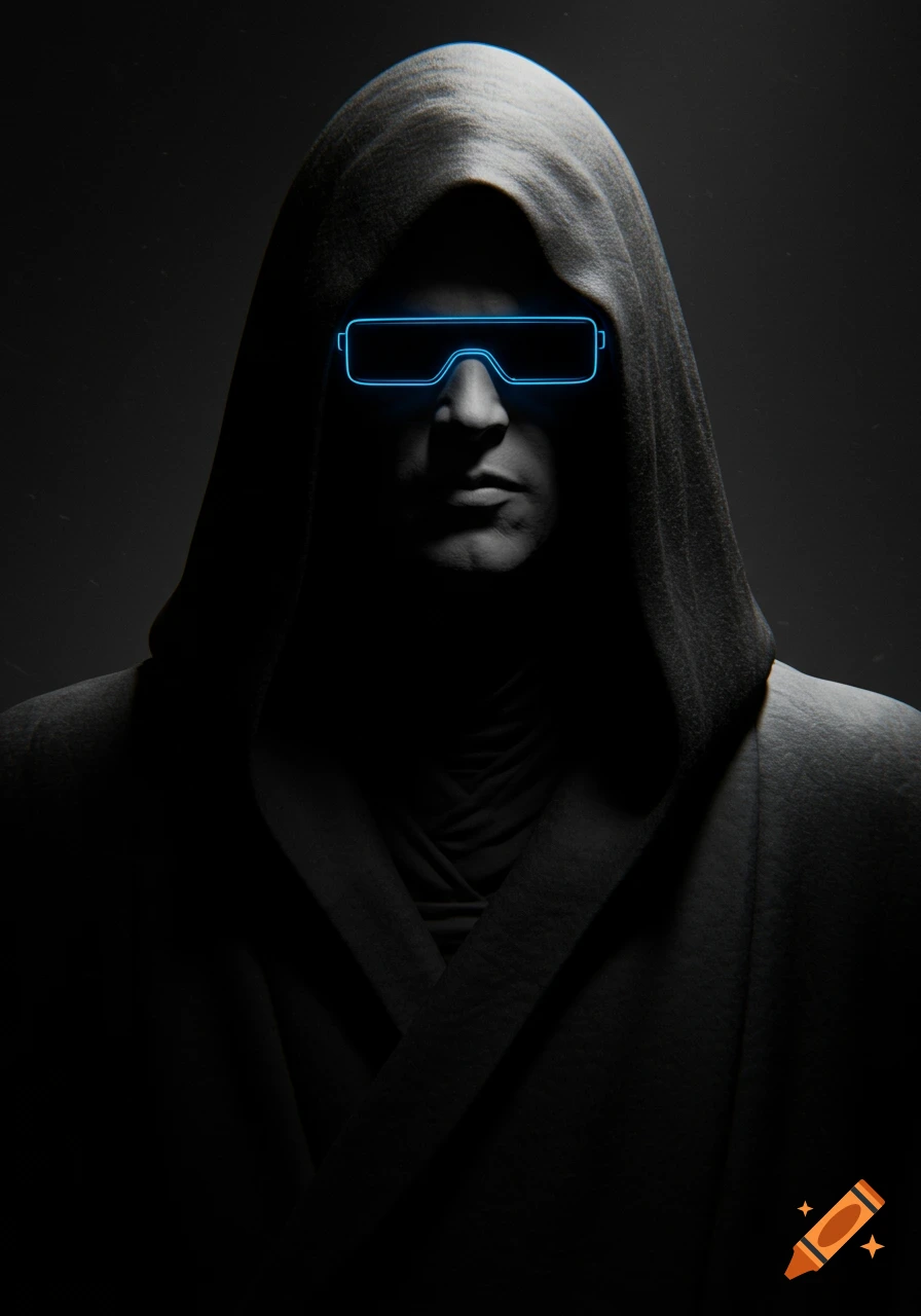 Dark portrait of a hooded figure in a black robe with glowing blue rectangular glasses.