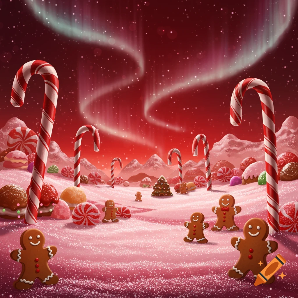 A vibrant, whimsical candy land scene with gingerbread men, giant candy canes, and candy mountains under a red sky with aurora borealis.