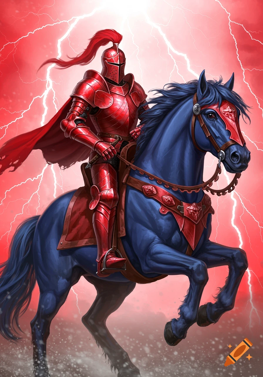 A knight in shiny red armor rides a blue horse against a striking red lightning storm background in a digital art style.