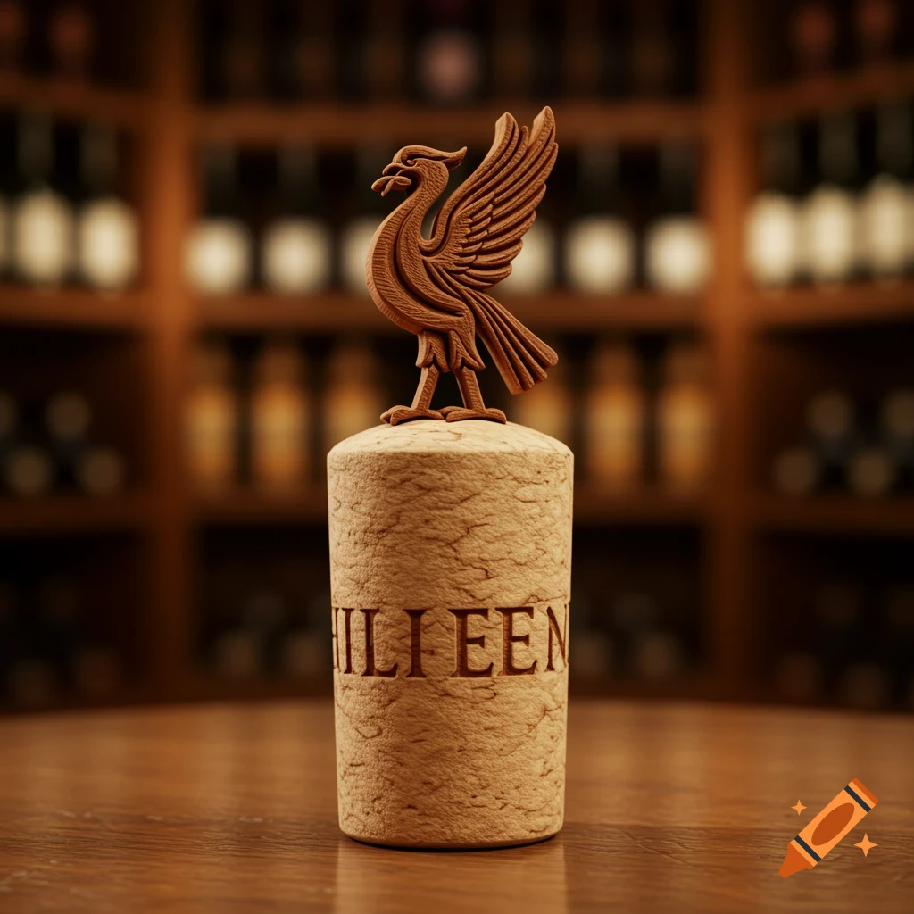 A photorealistic wooden Liver bird statue atop a cork stopper, in a blurred wine cellar setting.