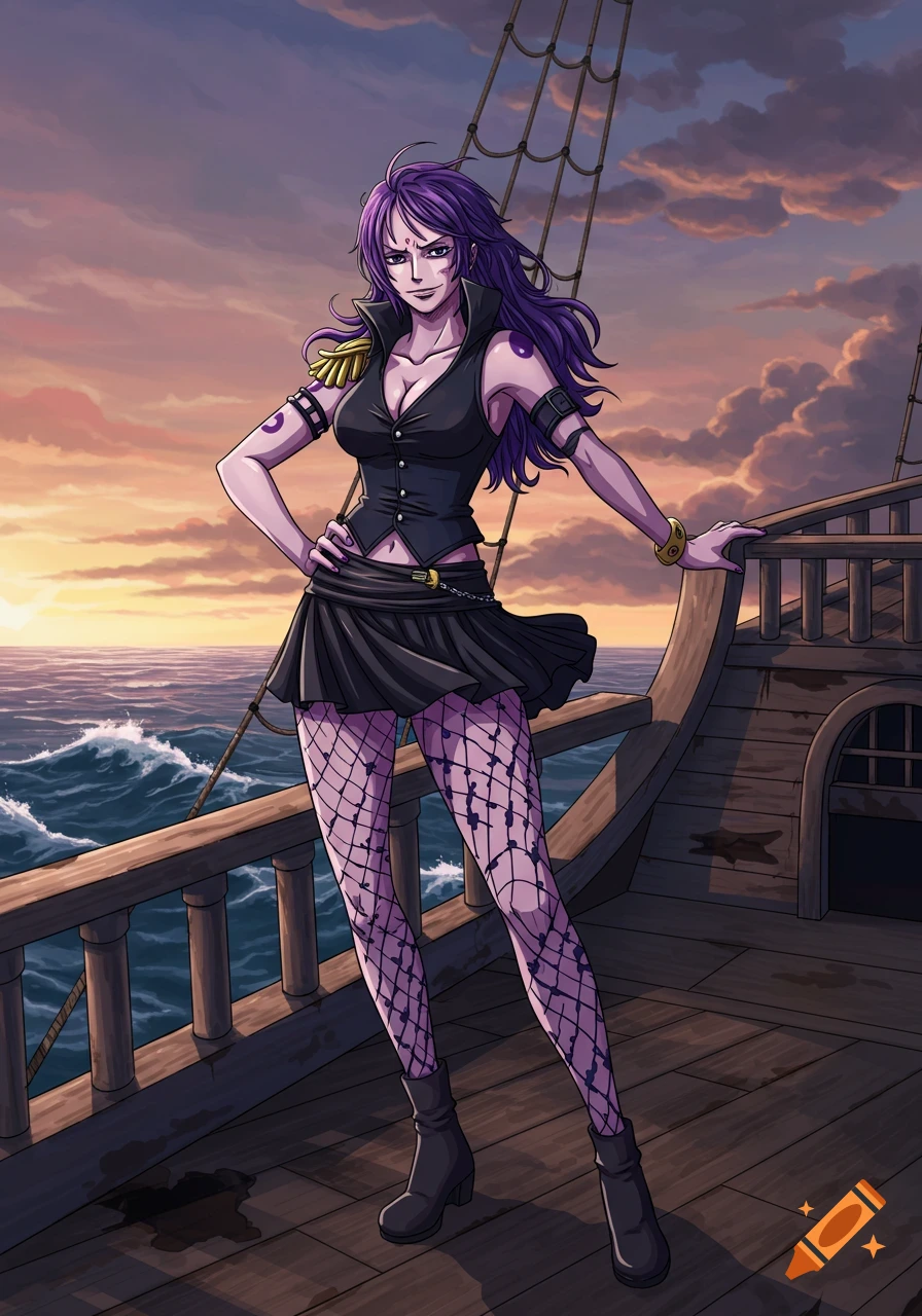 A purple-haired anime woman in a black vest and mini skirt with fishnet leggings stands on a ship deck at sunset.