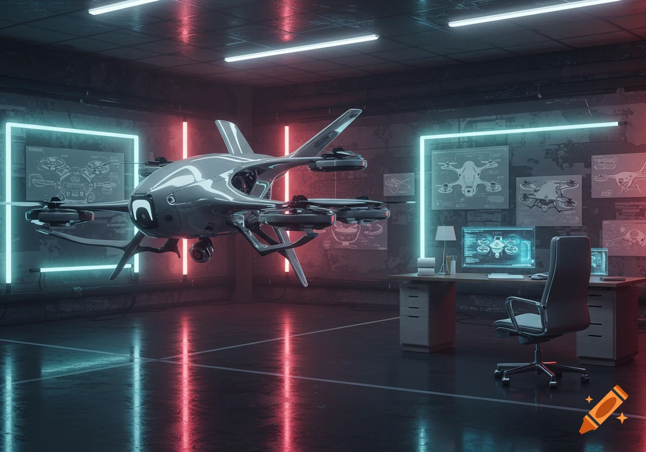 A sleek, futuristic drone hovers in a dark, neon-lit design studio with glowing schematics on the walls.