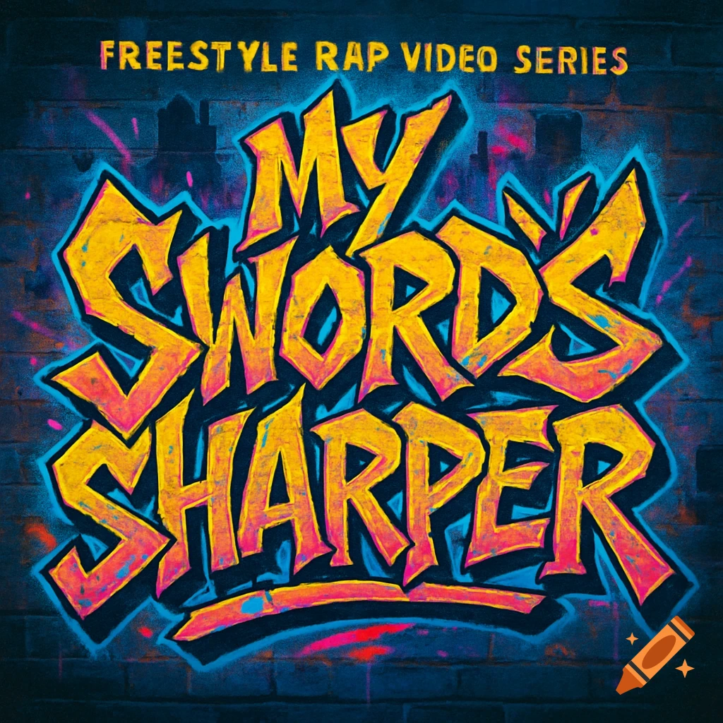 A vibrant graffiti logo on a brick wall reads 'MY SWORD'S SHARPER' with 'FREESTYLE RAP VIDEO SERIES' above it.