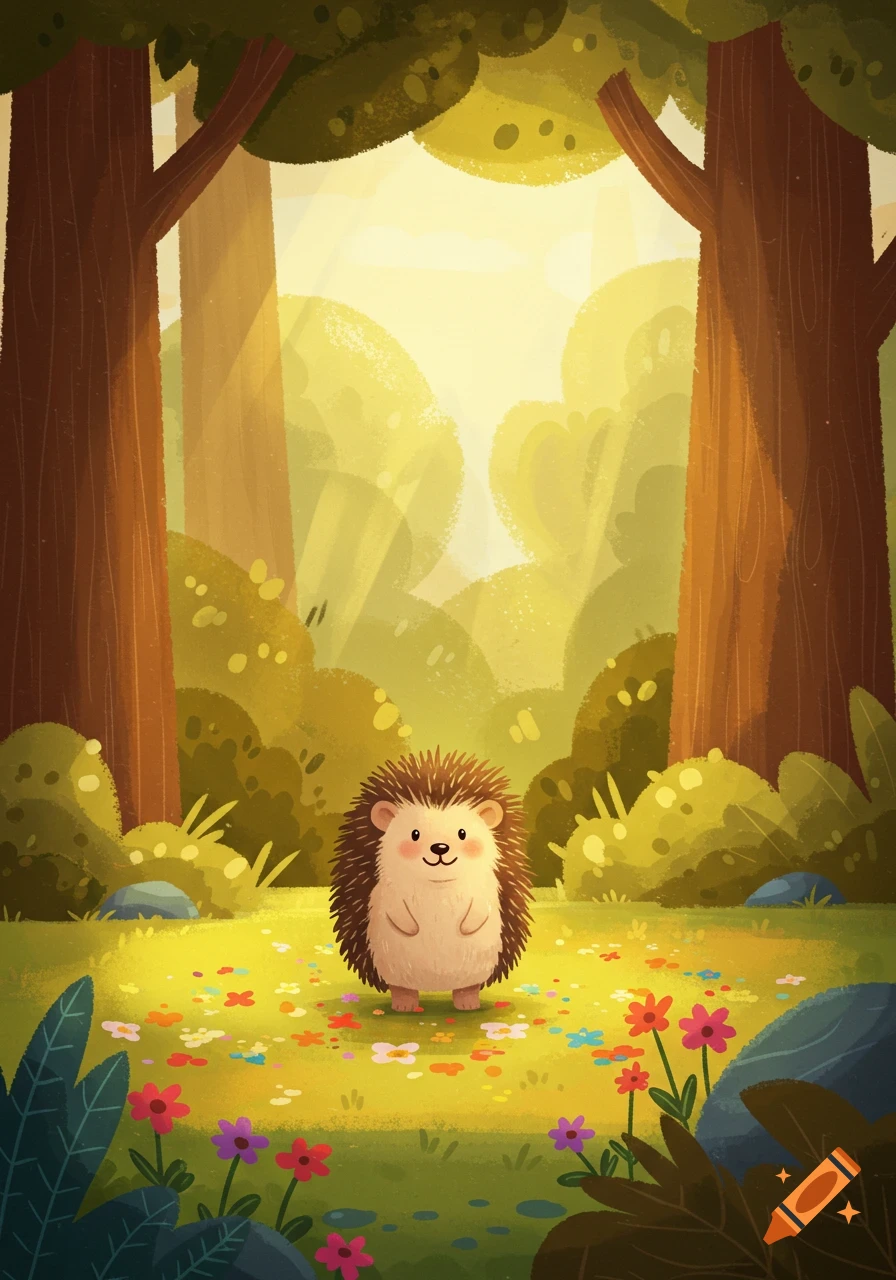 A cute hedgehog stands in a bright, sunlit forest clearing with colorful flowers, in a cheerful, toddler-friendly illustration style.