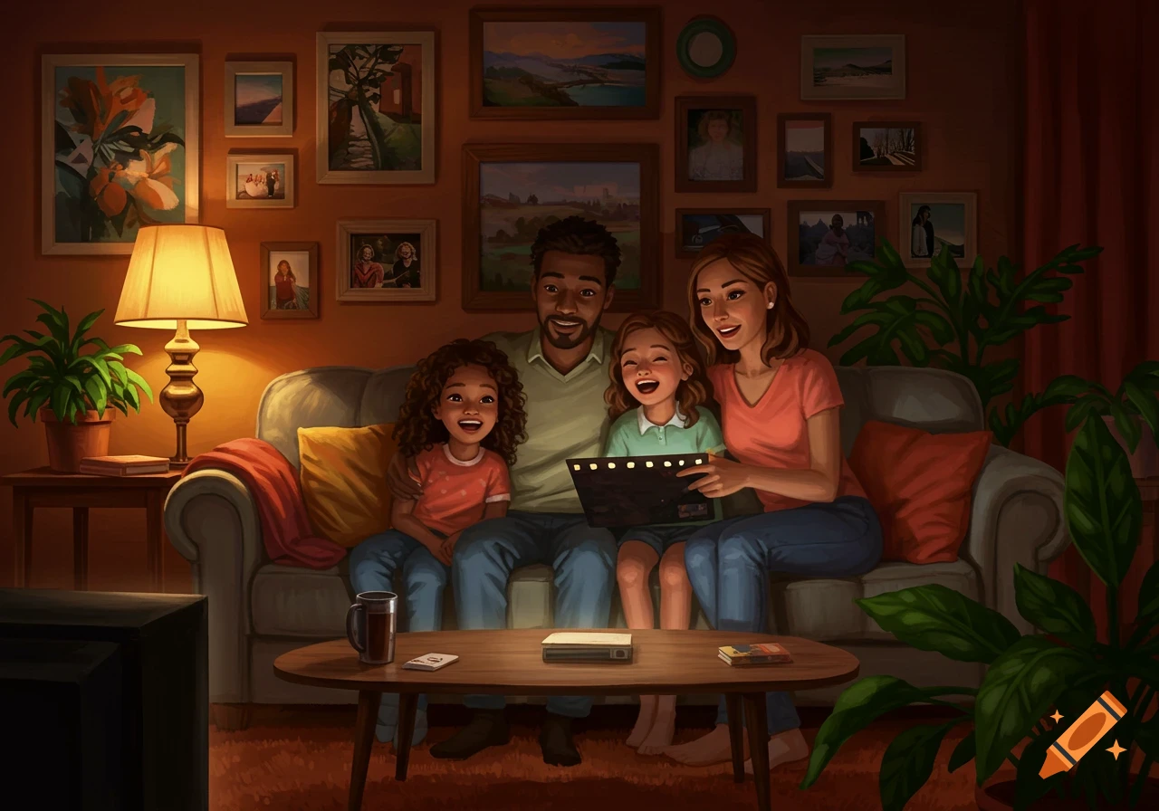 A happy family of four on a couch in a cozy, dimly lit living room, looking at a glowing device. Digital illustration.