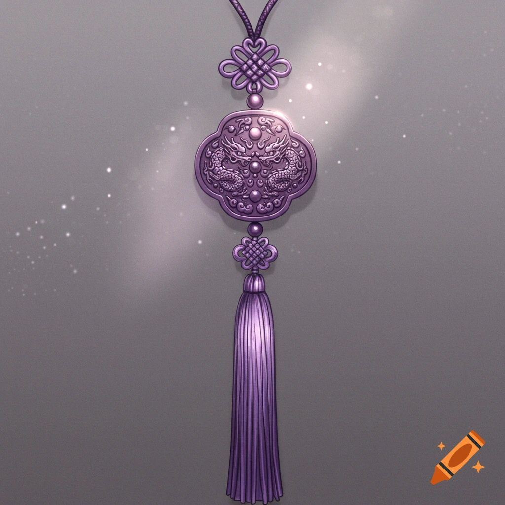 A purple norigae charm with a tassel, intricate dragon designs on the pendant, and a flower stitch knot.