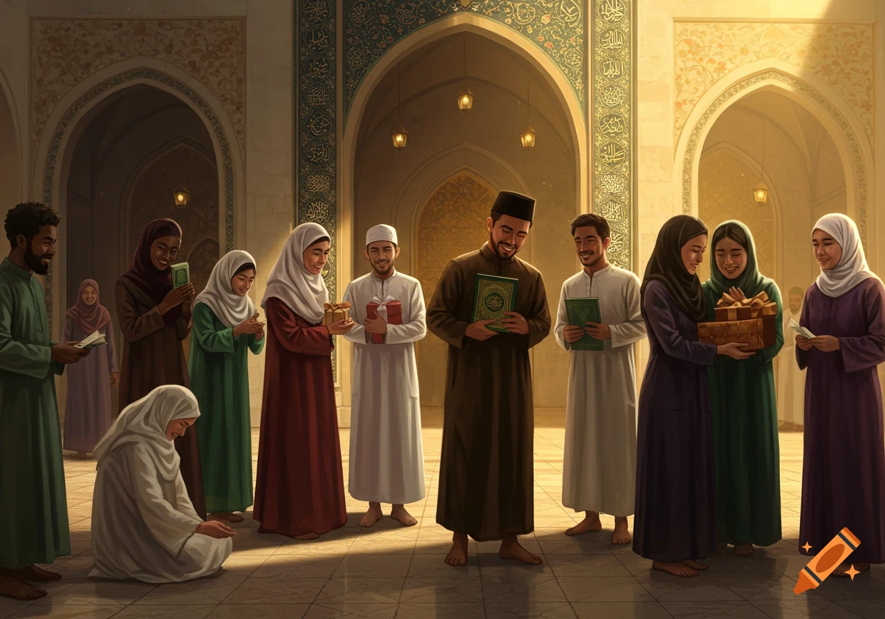 A diverse group of Muslims in traditional attire in a mosque courtyard, some exchanging gifts and books, with warm golden light.