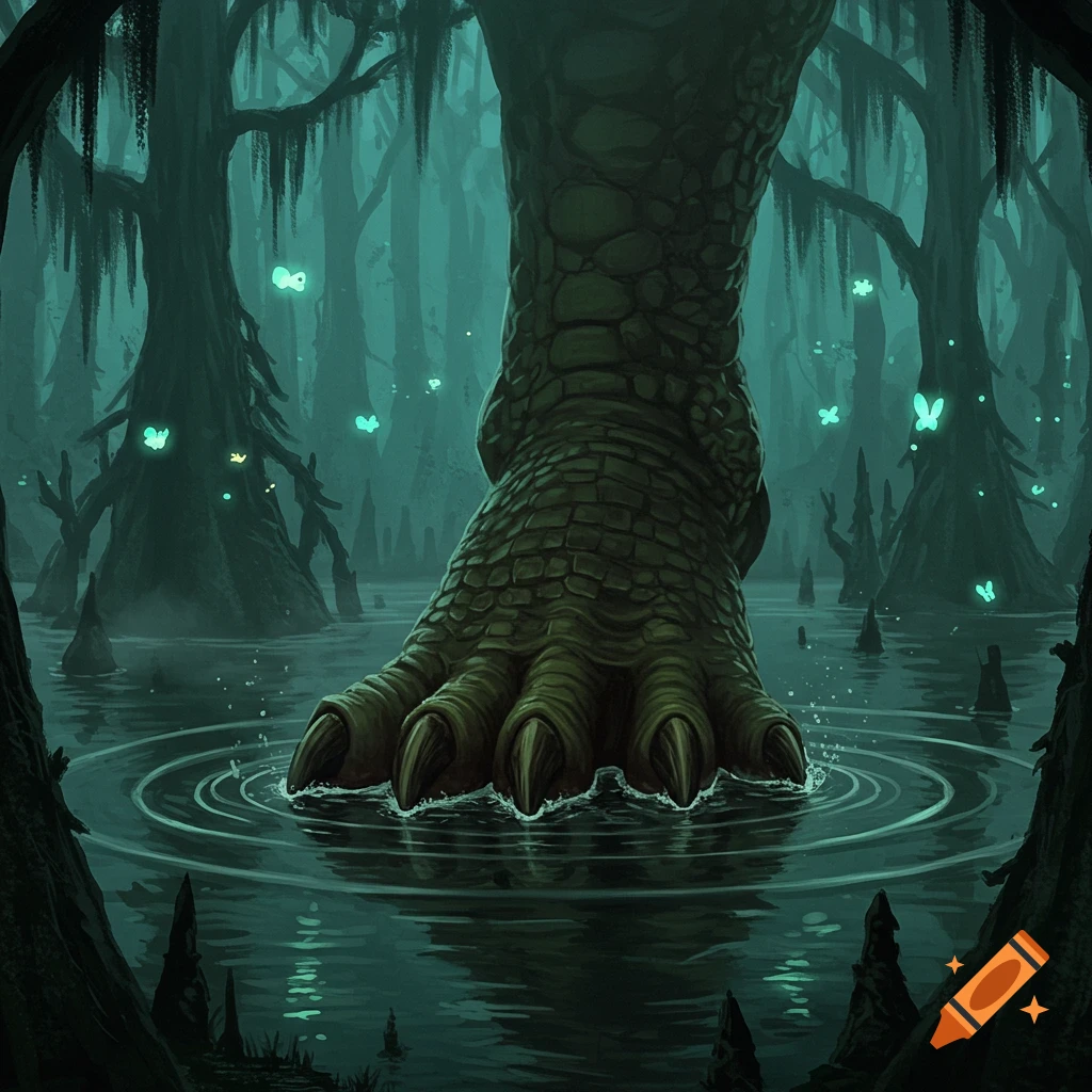 A large, scaly monster foot with sharp claws steps into dark swamp water, surrounded by eerie trees and glowing blue fireflies.