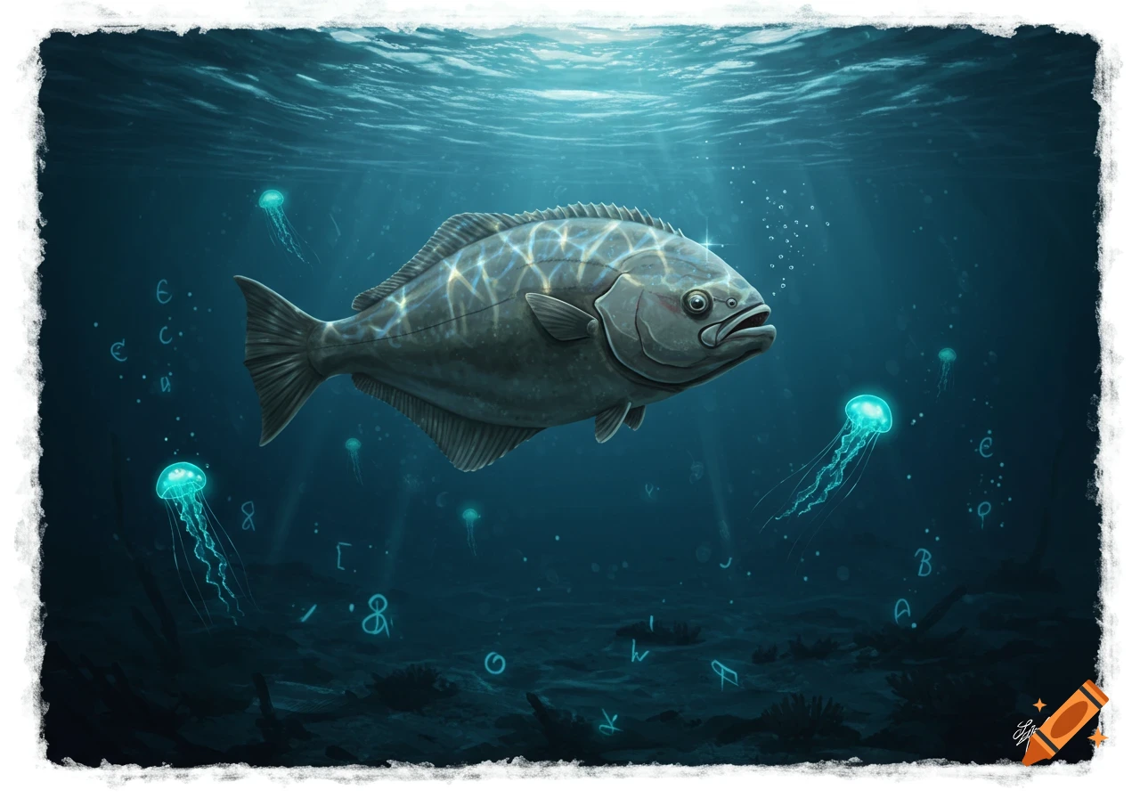 A large halibut swims in deep blue water, lit by surface light, surrounded by glowing jellyfish and mysterious symbols on the seabed.