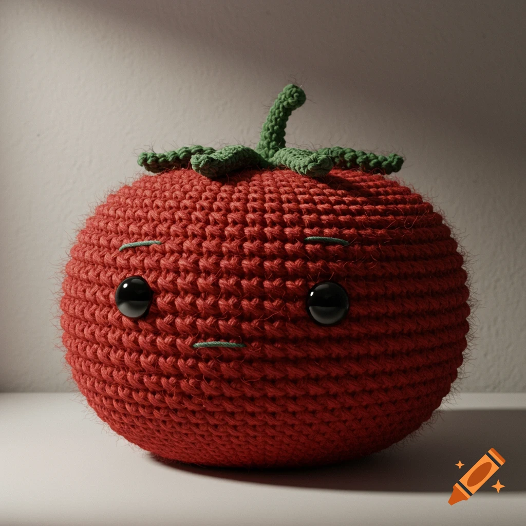 A cute crocheted amigurumi tomato toy with black button eyes and simple stitched facial features, set against a plain background.