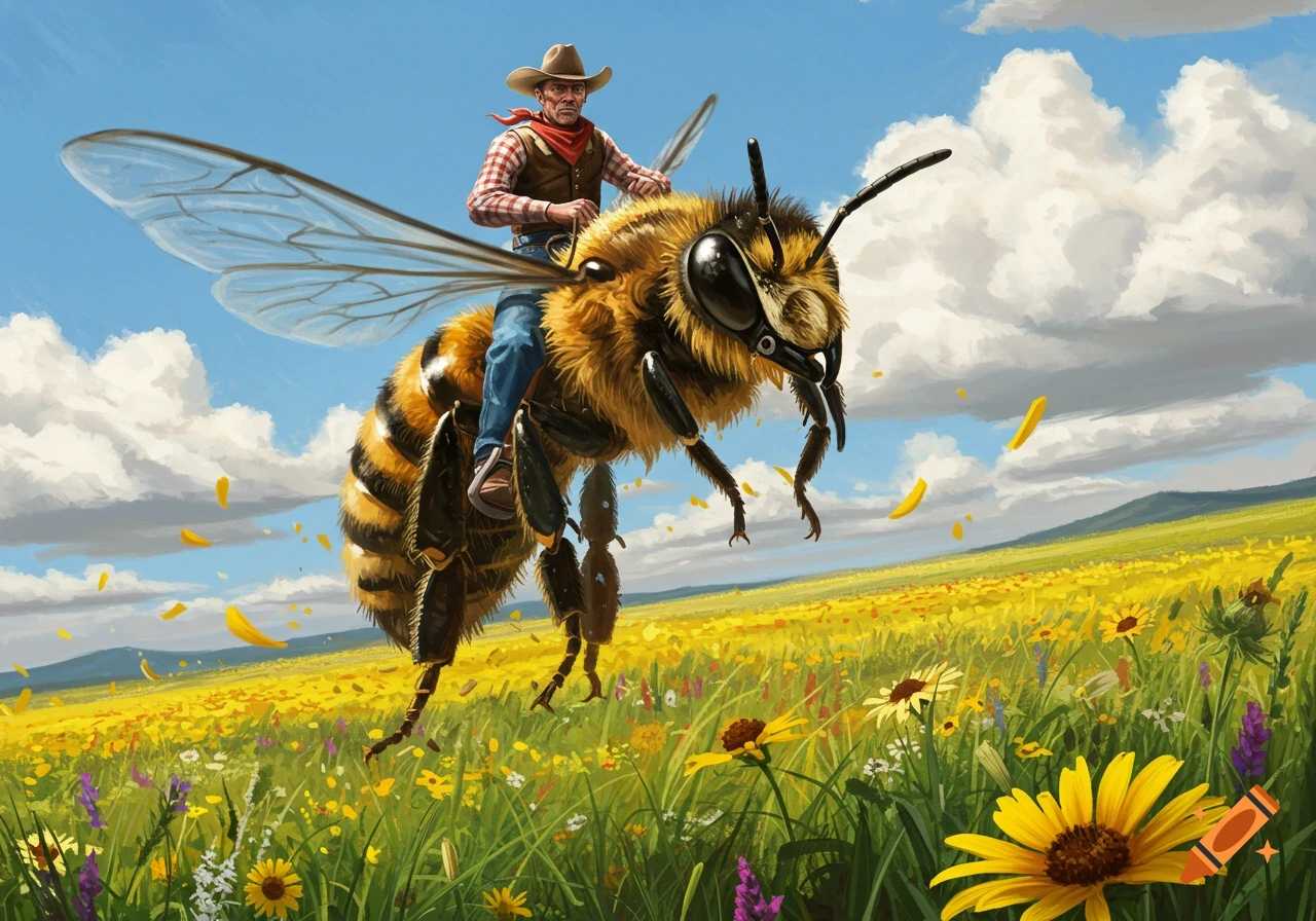 A cowboy rides a giant honey bee over a yellow flower field under a blue sky, in an illustrative style.