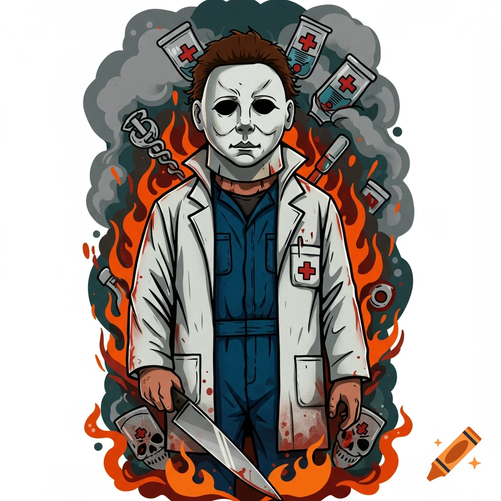 Cartoon Michael Myers in a doctor's coat over a blue jumpsuit, holding a bloody knife, surrounded by flames, smoke, and medical symbols in a bold comic book art style.