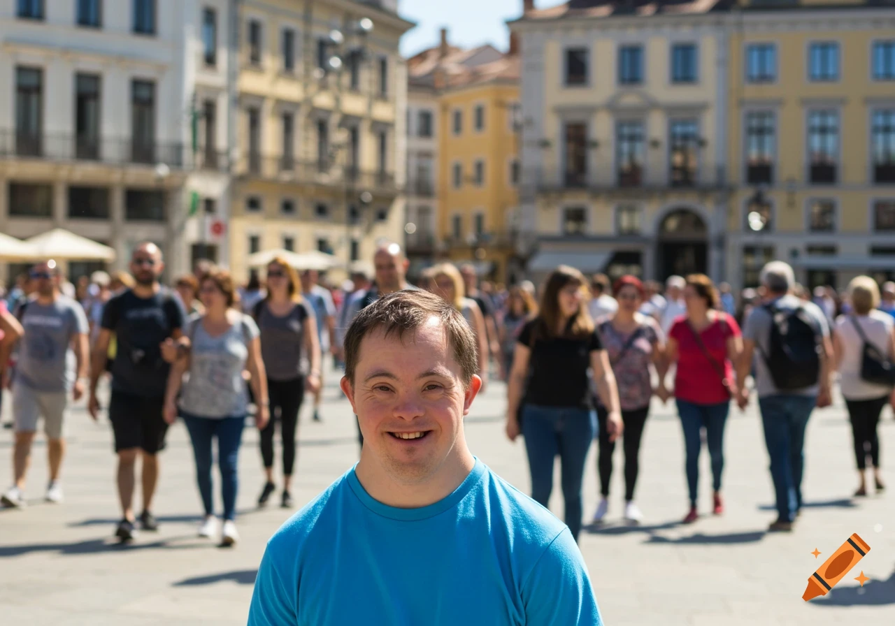 A smiling man with Down syndrome in a blue shirt in the foreground, with a blurred crowd and buildings behind him.