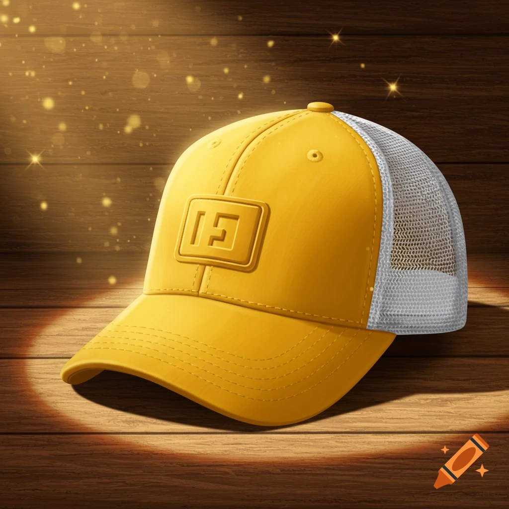 A vibrant yellow trucker hat with a white mesh back, featuring a stylized embossed symbol, illuminated on a wooden surface.