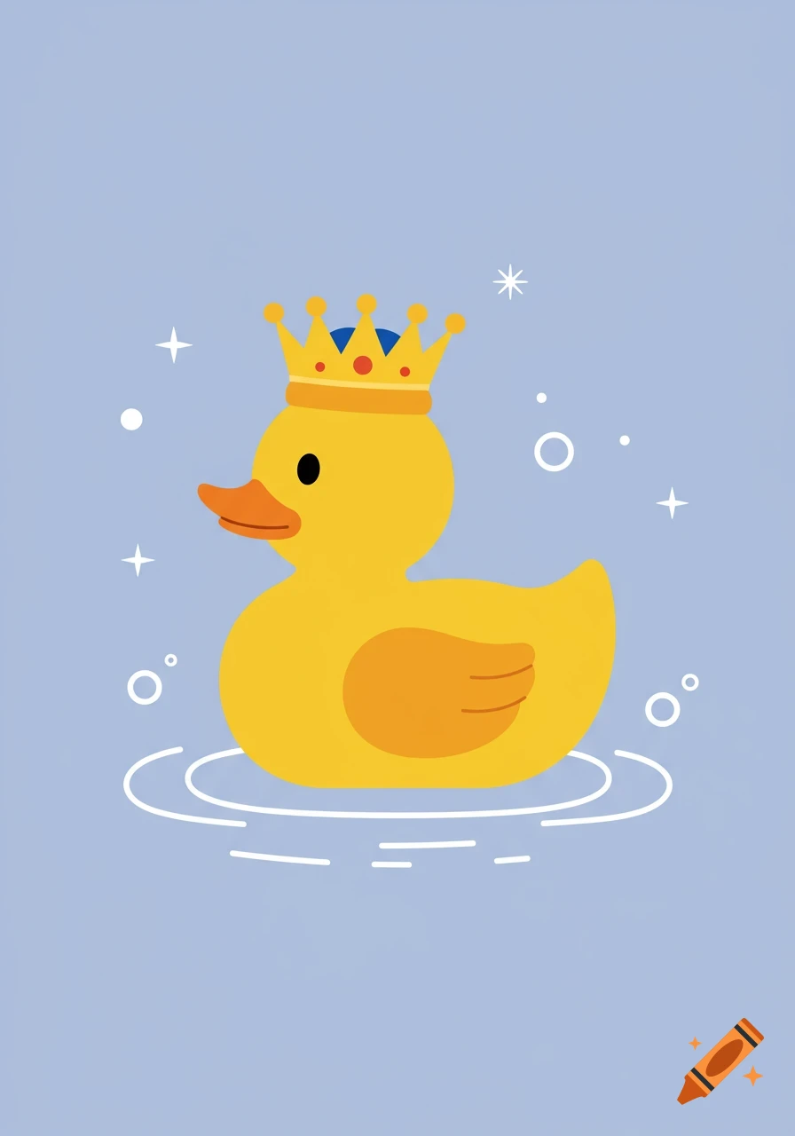 A yellow rubber duck wearing a golden crown floats in a puddle with bubbles in a cartoon style.